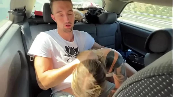 Wake up blonde girl for risky blowjob in the car