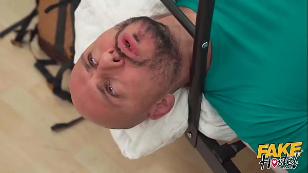 Fake Hostel - Sexy Brunette babe with pert small natural tits and lots of tattoos sucks the cock of an older dude who has his head stuck