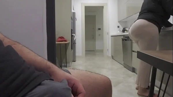 Risky jerk off while watching big ass stepmom in the kitchen.