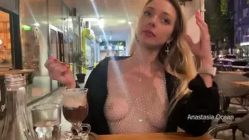 My perfect first date with flashing boobs in public. Topless in outdoor cafe.