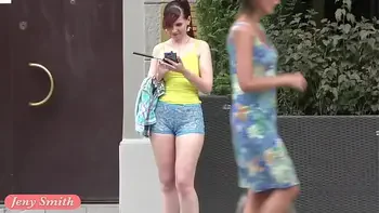 Jeny Smith walks in public with transparent shorts. Real flashing moments