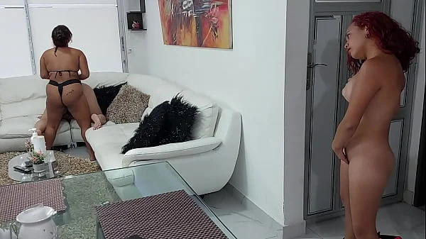 Bony gets horny watching her stepsisters fucking in the living room