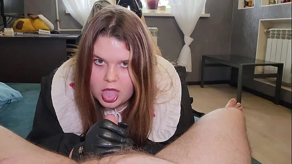 Massive cumshot - Mistress Chubby Vamp in Leather Gloves Does Hanjob with Elements of Blowjob
