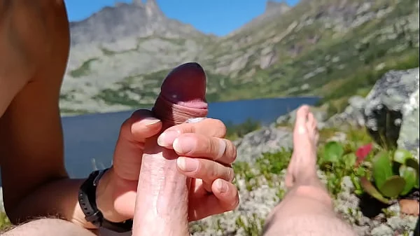 Public blowjob at the mountain lake - cum swallow