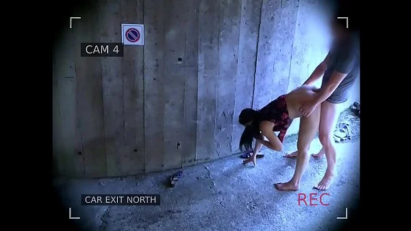Young couple fucks in front of the garage exit and is caught by the surveillance camera