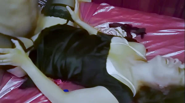 2182 - French Amateur Slut, Clothed in a Black Dress, Black Satin Panties, Black Satin Garter Belt, Heels, Stockings, Panty Rubbing, Rimming, Doggystyle, Sex-Toys