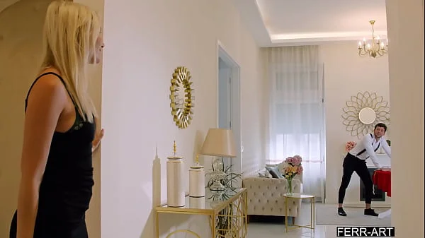 Horny blonde spoiled nymph uses her tailor to satisfy her sexual hunger - Clair Roos