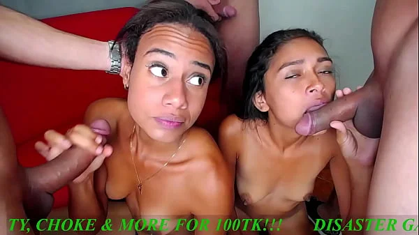 Rough deep throat for these two sluts swallowing big fat cock