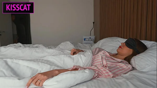 Why blindfolded step mom in mask let step son fuck her in share bed, while husband in the shower?