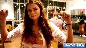 Cutie brunette teen Aveline with pierced big boobs flash her boobs in public places