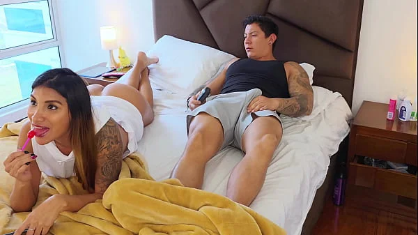 No panties!! Mutual masturbation! Stepsister wants to share a bed and ends up taking a dildo in her tight pussy