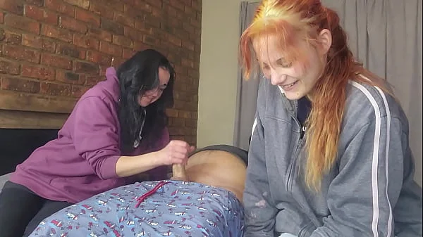 Two shy girls playing with my massive cock