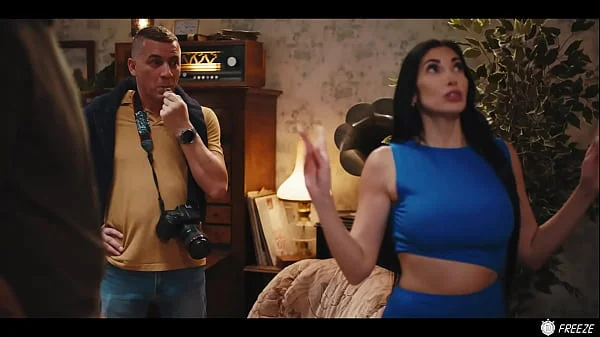 French Brunette with Fake Enhanced Huge Boobs Gets Her Nipples Sucked while Frozen in Time