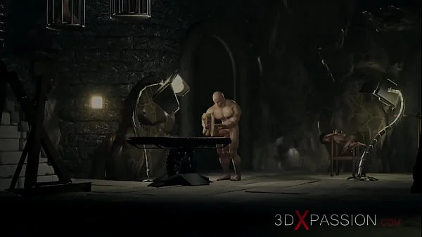 A sexy blonde gets fucked by a big monster in the dark dungeon