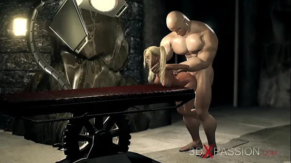 A sexy blonde gets fucked by a big monster in the dark dungeon