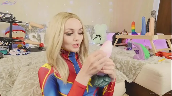 Amateur teen in suit Captain Marvel tests new toys Bad Dragon Sia Siberia