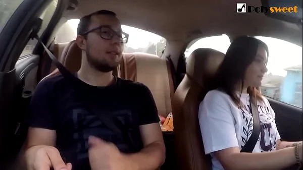 Girl jerks off a guy and masturbates herself while driving in public (talk)