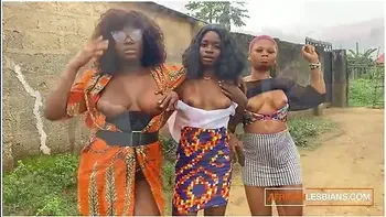 Horny African Babes Show Tits For Real Lesbian Threesome After Jungle Rave