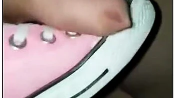 Slave Cums A Huge Load After Shoejob With Sneakers Converse All Star