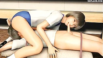 He takes out his tied dick, gives him a hand job, ejaculates, and straddles him in cowgirl position.