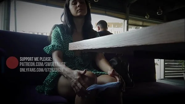 Flashing at public - upskirt at cafe no panties