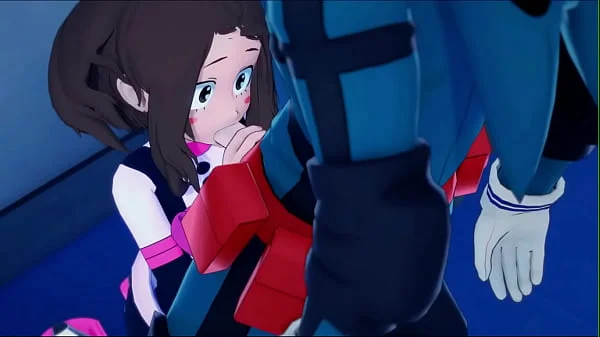 Ochaco plays with Deku's dick before riding it. My Hero Academia Hentai.