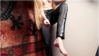 Topless Beauty Pisses Through Her Ruined Leather Trousers