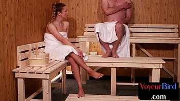 Naughty skinny blonde teasing old guy