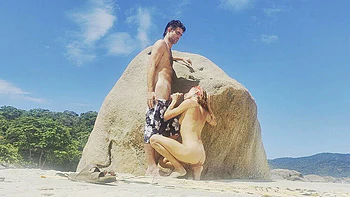 Skinny Brunette Magia Rosa Hides on Rio Beach for Outdoor Blowjob & Sex with Huge Cock