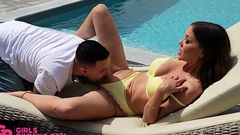 Bald pussy rim job and titjob with Angelica Heart by the pool