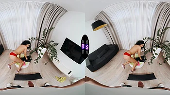 A sexy walk of a brunette teen with long hair in a mini dress