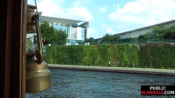 Redhead cougar cockriding on public boat