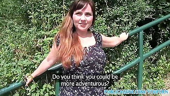 Brunette Hair With Giant Pantoons Receives Stuffed Outdoors