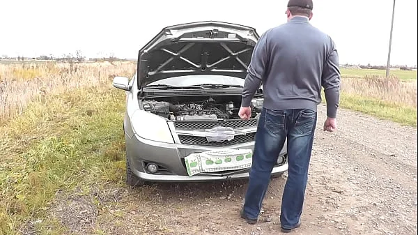 Public sex. Random passerby helped to repair car Milf Frina and fucked her doggy style on auto hood. Whore. Slut. Outdoor. Outside. In public. Casual sex sexy Milf