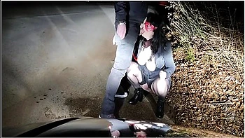 Piss Whore In Dog Collar Receives Golden Shower And Hot Cum In Her Mouth In A Public Road Interrupte