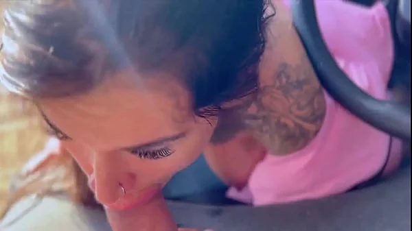 Cutie with big boobs sucks the car to a stranger