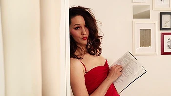 Skinny Marie Berger in sexy lingerie and stockings, teasing with her 34a curves.