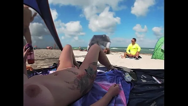 Exhibitionist Wife 511 - Mrs Kiss gives us her NUDE BEACH POV view of a VOYEUR JERKING OFF in front of her and several other men watching!