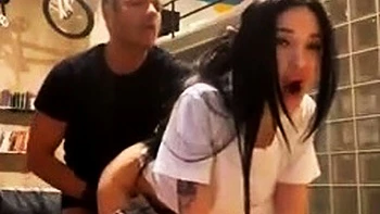 Small tit brunette amateur tugs on a big willie