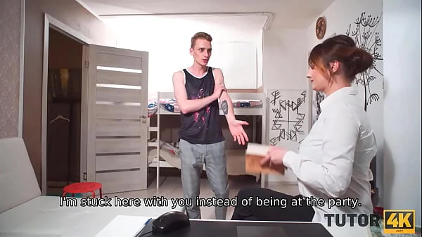 TUTOR4K. Boy instead of going at party has sex with busty biology teacher