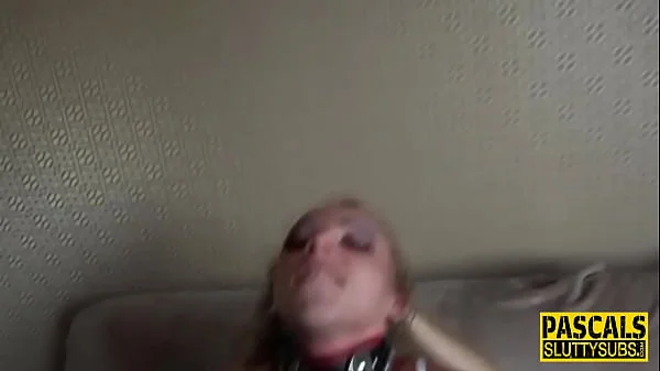 Bound slut gagging on cock