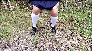 Sexy Girl In School Uniform White Socks Pissing Outdoors Pussy