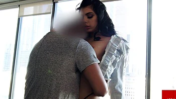 Big boobed babe tit fucks a lucky fuckpole