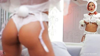 Busty goddess in sexy white lingerie Lia Mango shows off her body