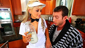 Blonde doll with big boobs Briana Blair nailed in the sideways pose