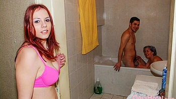 An old lady Tami and her younger stepsis are fucking with a hot dude