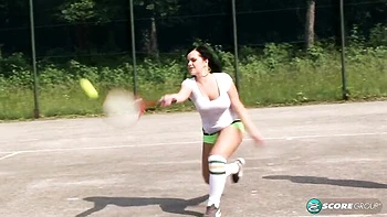 Two ladies Karina Heart and Mandy Pearl have fun with their tits