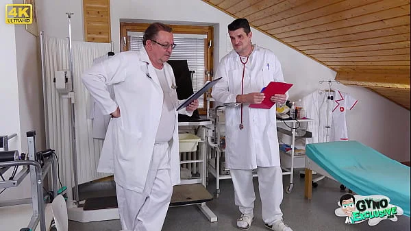 Filthy bitch Sharlotte Thorne examined and made to cum by 2 perverted doctors