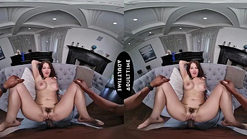 Virtual reality interracial sex with Isiah Maxwell and Maddy May, featuring a massive black cock.
