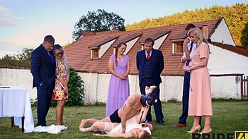 Hot brides in nylon stockings have sex with a guy in the open air